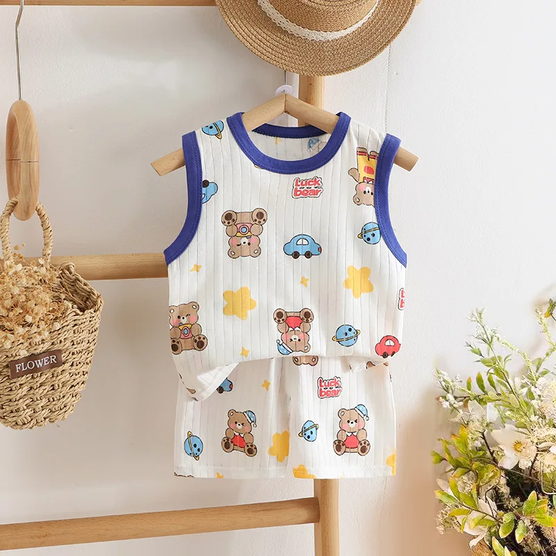 Conjunto sin mangas para niños, conjunto de verano de algodón, pantalones cortos para niñas, pijamas estilo coreano, conjunto de camiseta sin mangas para niños, conjunto de ropa infantil