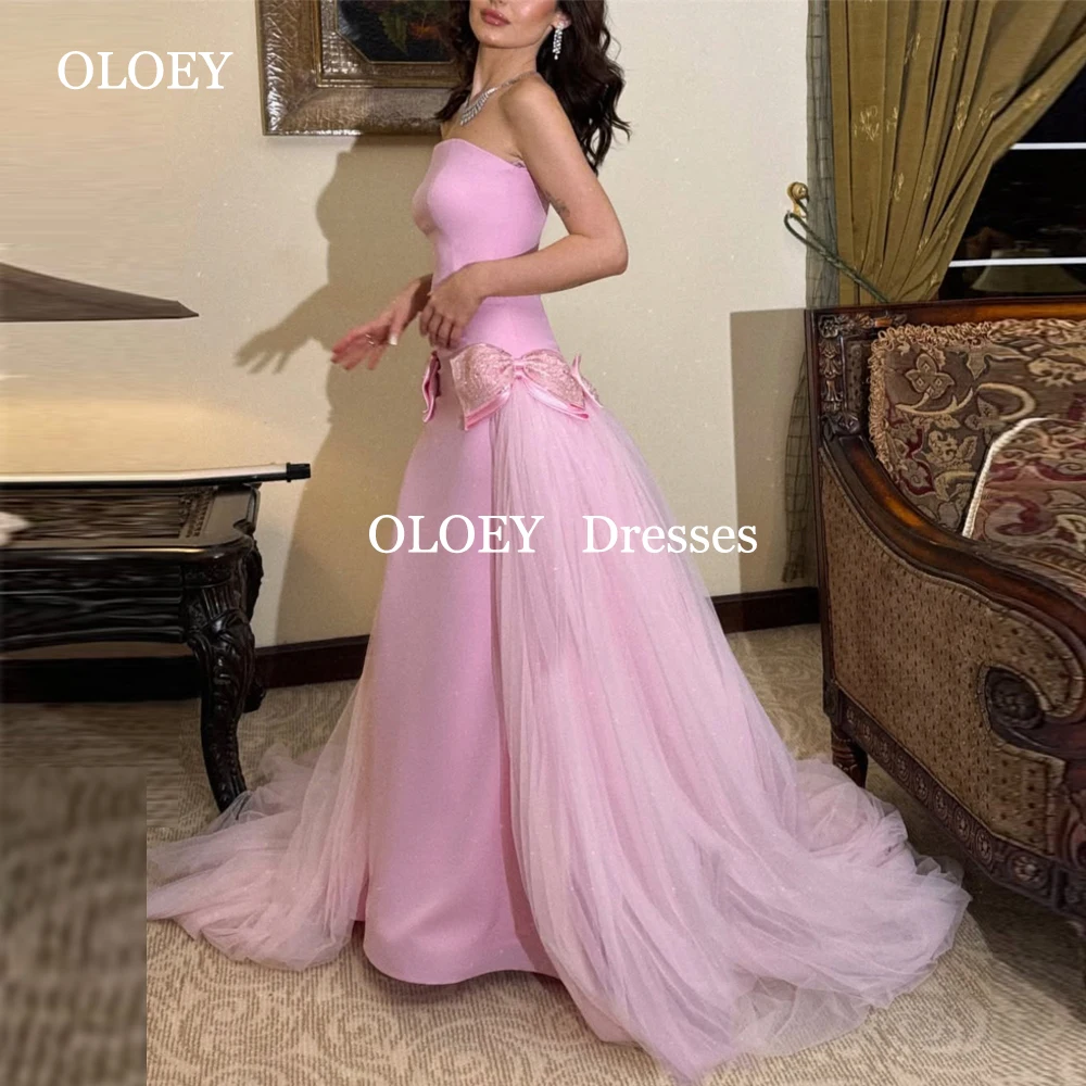 

OLOEY Beading Bows Pink Strapless Prom Dresses Floor Length A Line Wedding Party Gowns Pleats Sleeveless Family Gowns Customized