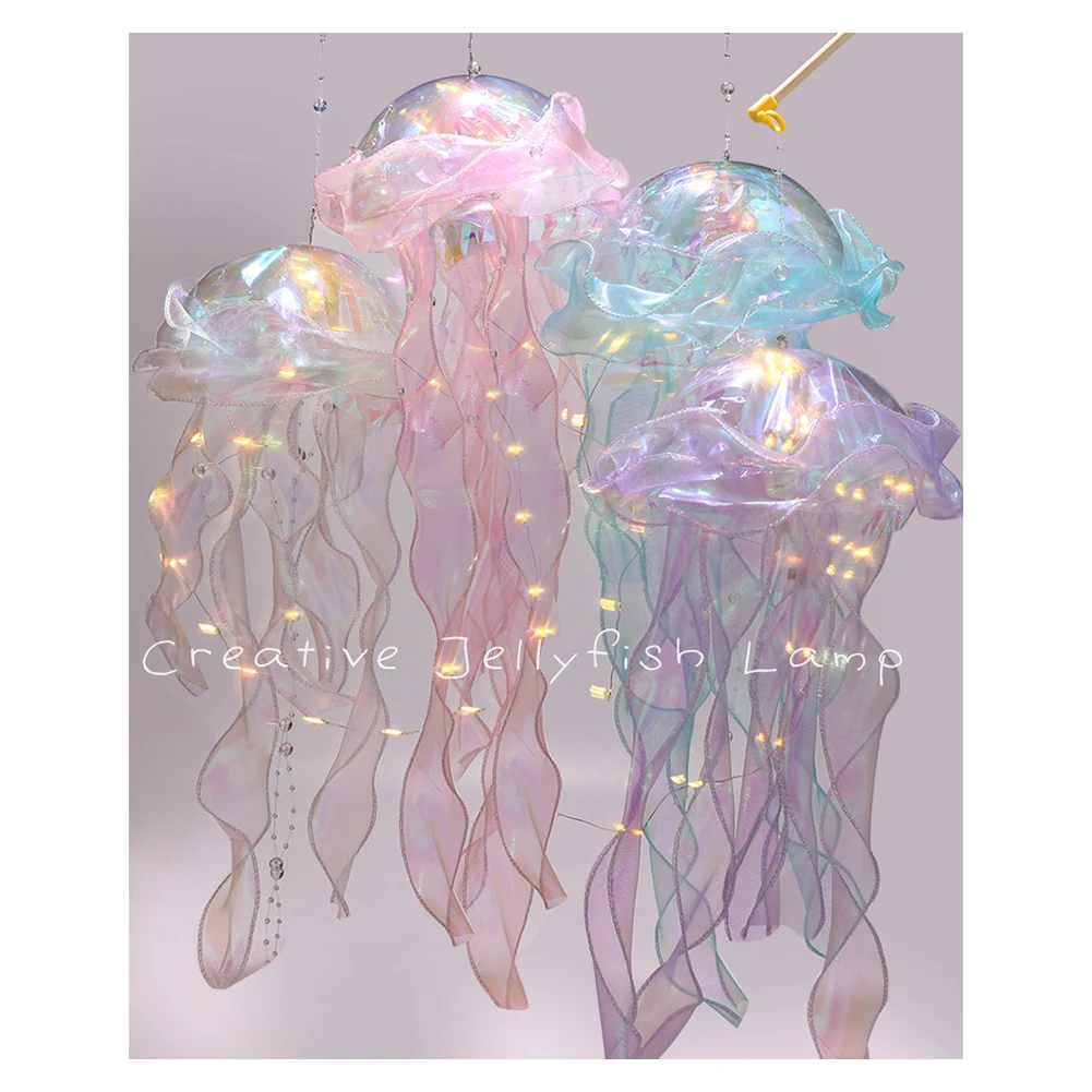 Jellyfish Sleeping Warm Light Button Battery Hanging Ceiling Lantern Realistic with Ribbon&Bead for Children Bedroom