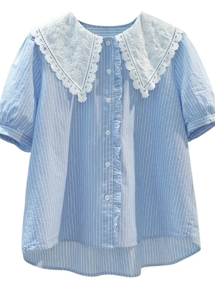 الصيف الدانتيل الأزرق الأبيض منقوشة رقيقة القطن البلوزات بيتر بان طوق قصيرة الأكمام الحلو قصيرة فضفاضة قمصان السيدات قمم