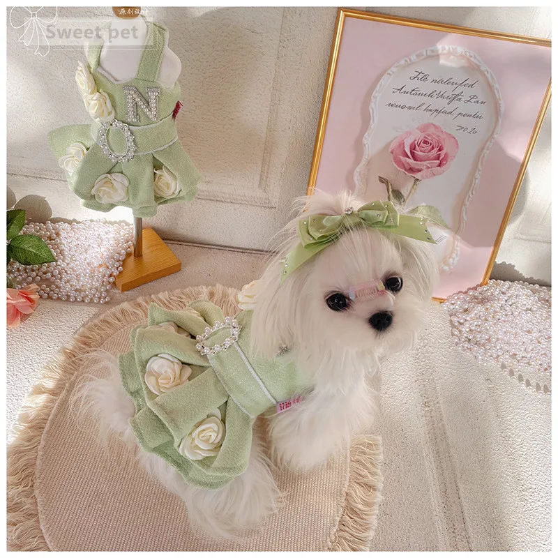 

Luxurious Design Pet Luxury Dress Green Rose Small Dog Maltese Chihuahua Dress For Birthday Party