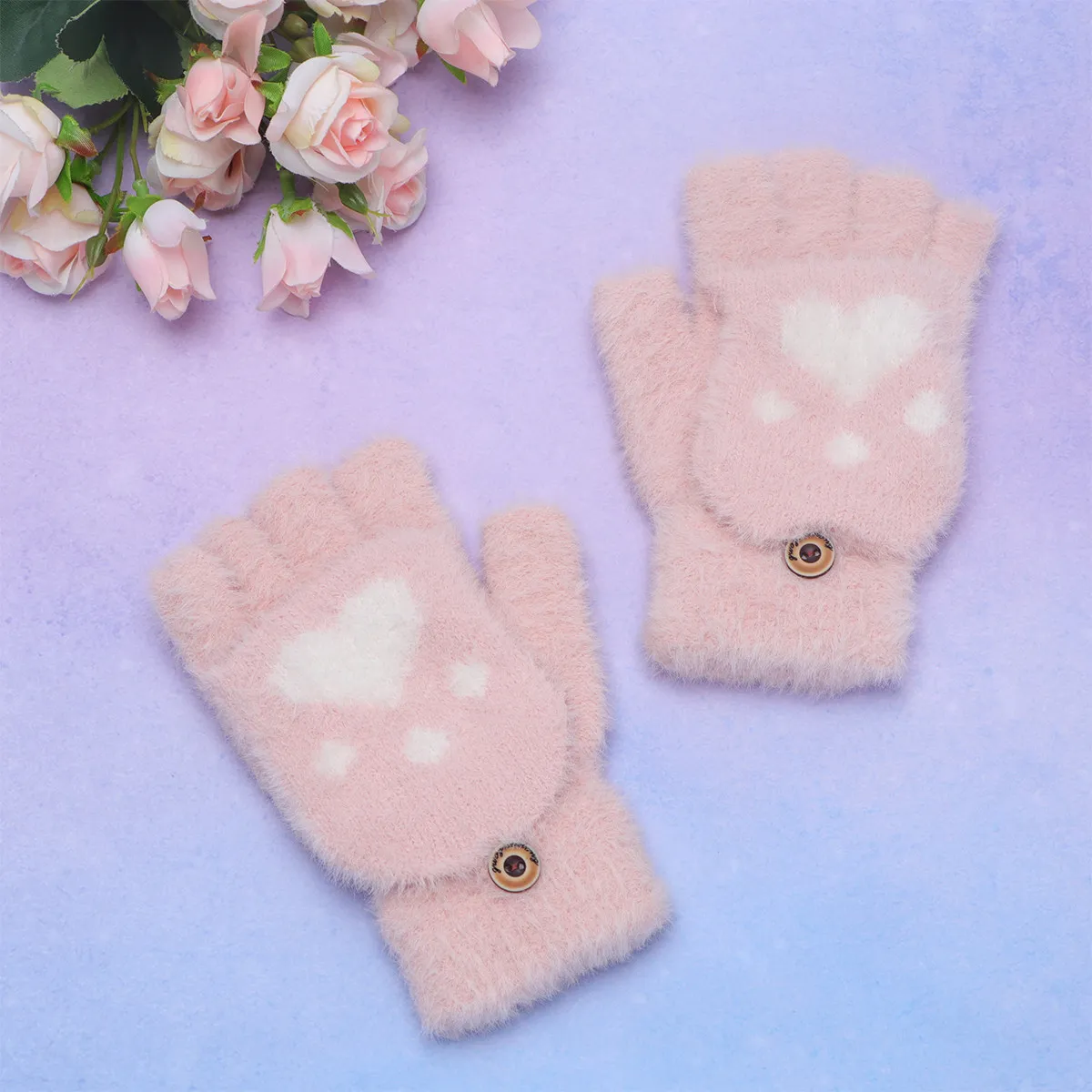 

1 Pair Warm Half-Finger Gloves Gloves Half-Finger Anti- Protector For Children Winter Outdoor Use Pink Love