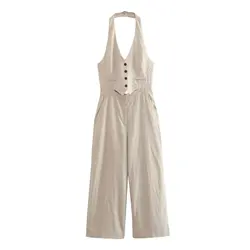 Tangada 2024 Women Cotton Linen Halter Jumpsuit Sleeveless Female Summer Jumpsuit PS001