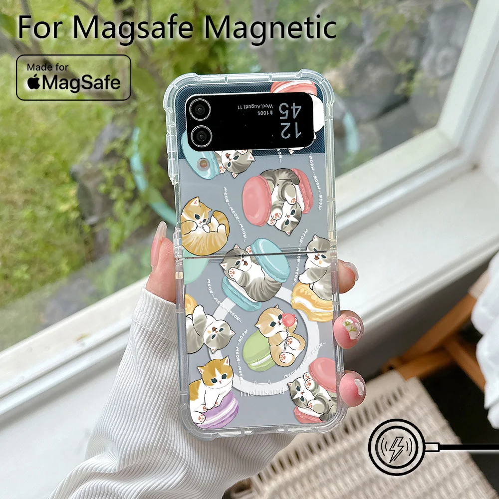 Cartoon M-Mofusands cat Magsafe Magnetic Phone Case for Samsung Galaxy Z Flip 3 4 Z Flip 5 6 Z 5G Soft Transparent Back Cover