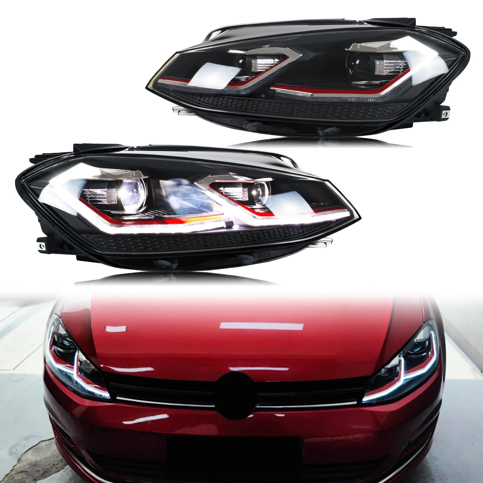 LED-Scheinwerfer für Volkswagen VW Golf 7.5 Golf VII 2018-2021 TSI TDI Red Line DRL Frontleuchten-Set [Nicht passend für GTI/GTD/GTE]