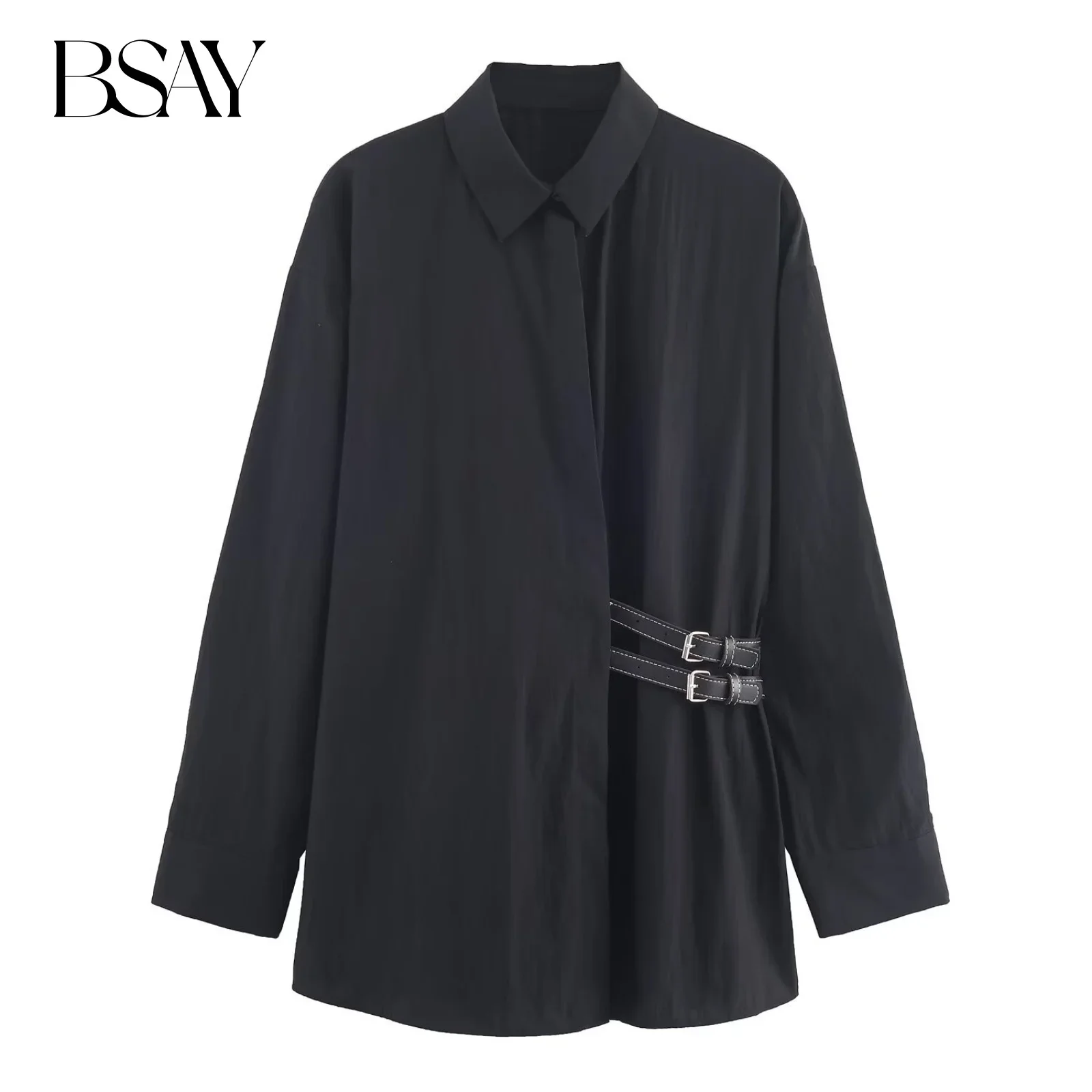 

BSAY black oversize poplin shirt women clothing 2025 full new long-sleeved blouses Trip strap embellished chic ladies tops mujer