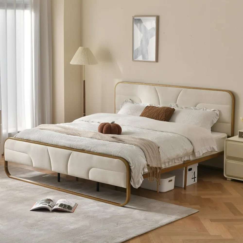 

Round Metal Cushioned Bed with Headboard, Soft Velvet, Queen Size Floor Frame with Storage Space