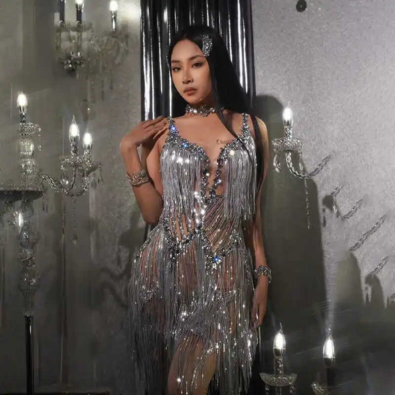 

Sparkling Diamond Customized Dance Dress Strap Tassel Dress Sexy Hanging Neck Party Dress Performance Dress Latin Chinese Ethnic