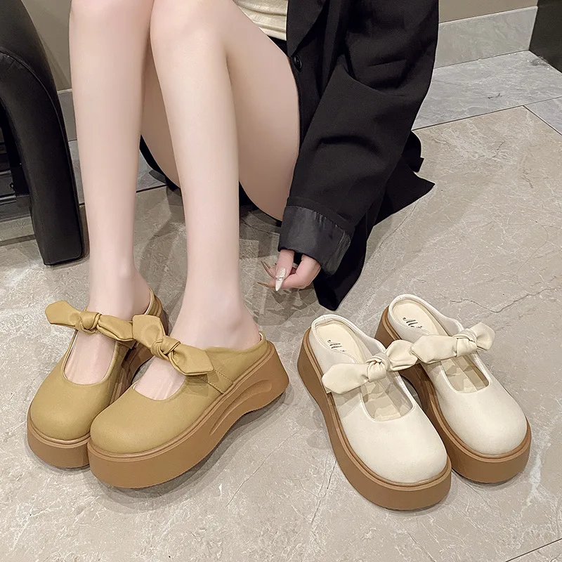 

Bow-tied, thick-soled, half-slipper for women's outerwear, 2025 new spring/Summer French Marie Jean headband flip-flops