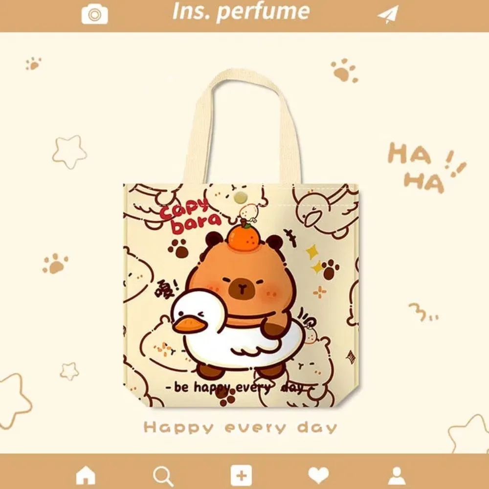 Tote Bag Canvas Capybara Shoulder Bag Button Tangerine Animal Printed Handbag Goose Large Capacity Cartoon Shopping Pouch Girls