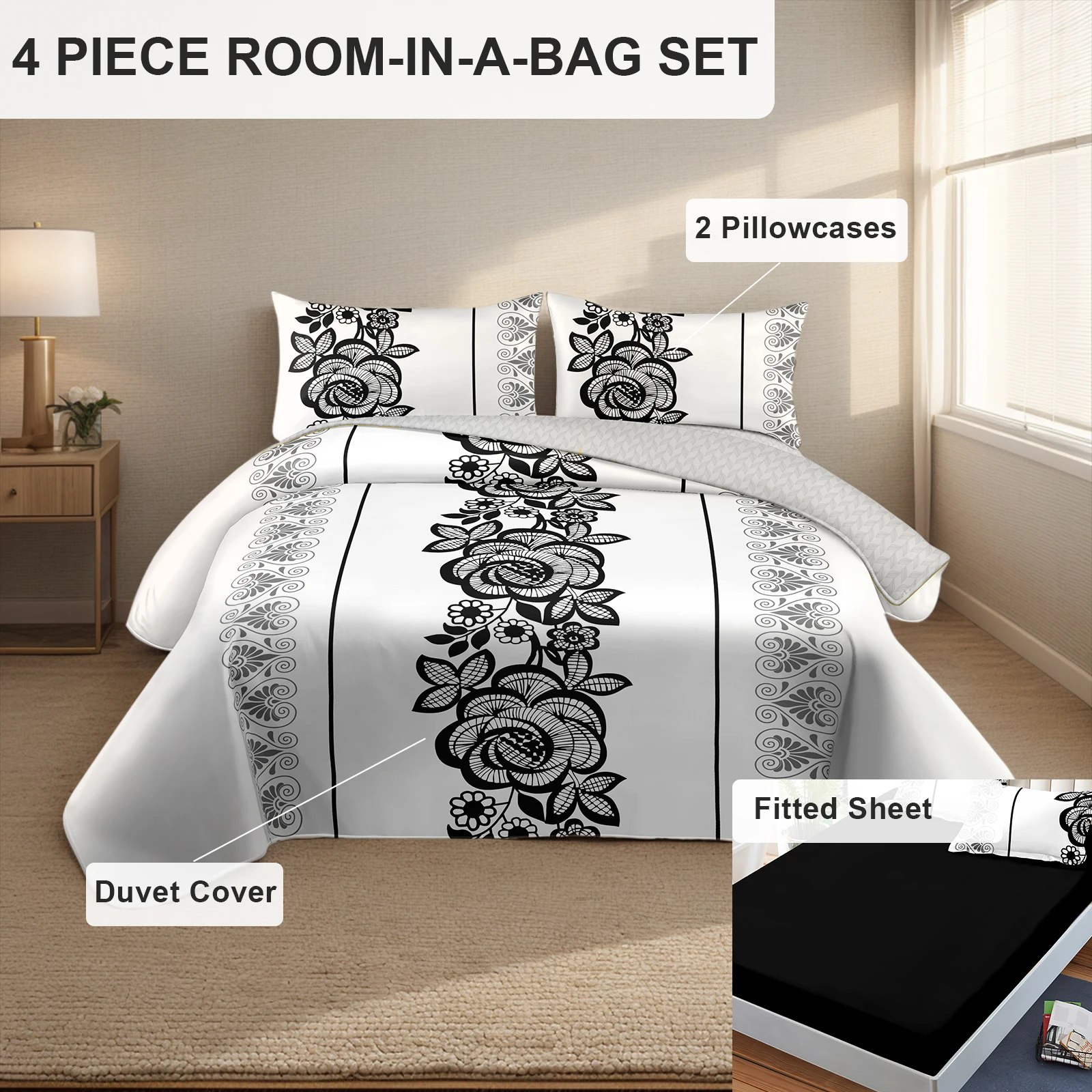 

Черно-белый комплект постельного белья из микрофибры с цветочным узором в богемном стиле, 4 предмета: пододеяльник, простыня на резинке, 2 наволочки, мягкий домашний текстиль для спальни