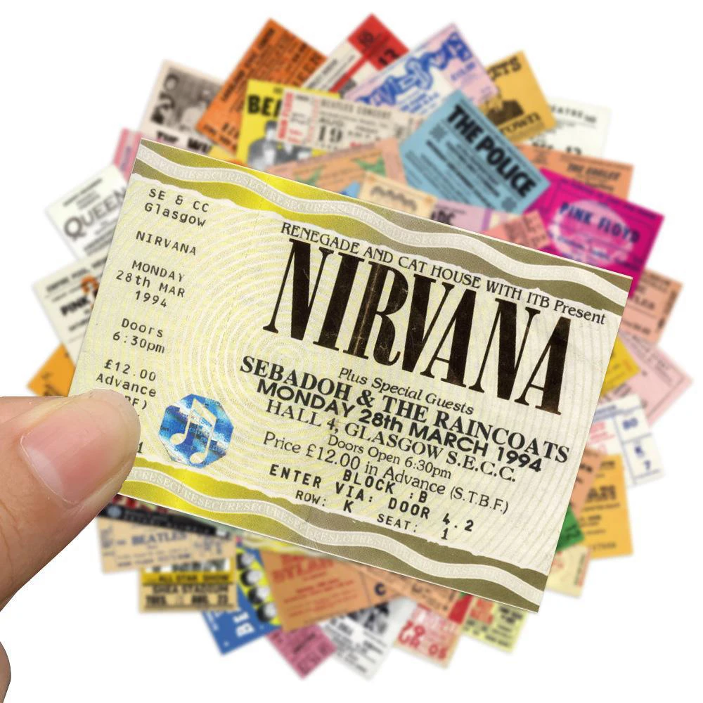 10/30/55pcs Retro Rock Band Tickets Graffiti Stickers Music Ticket Decal for Notebook Skateboard Guitar Classic Cool Sticker Toy