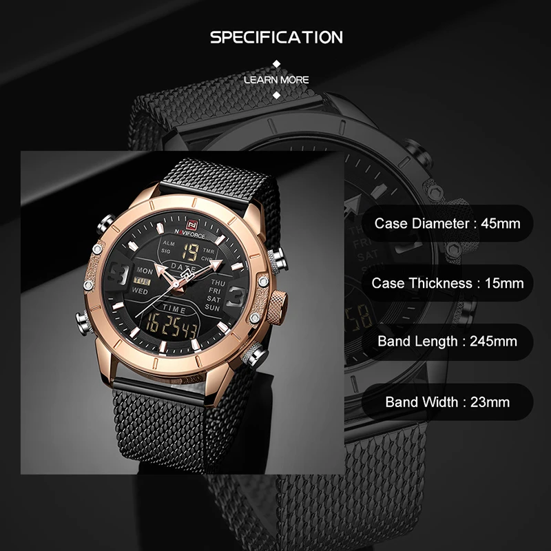 Top Brand NAVIFORCE Watches For Men Dual Display Digital Sports Waterproof Wristwatch Stainless Steel Multifunction Clock 2024