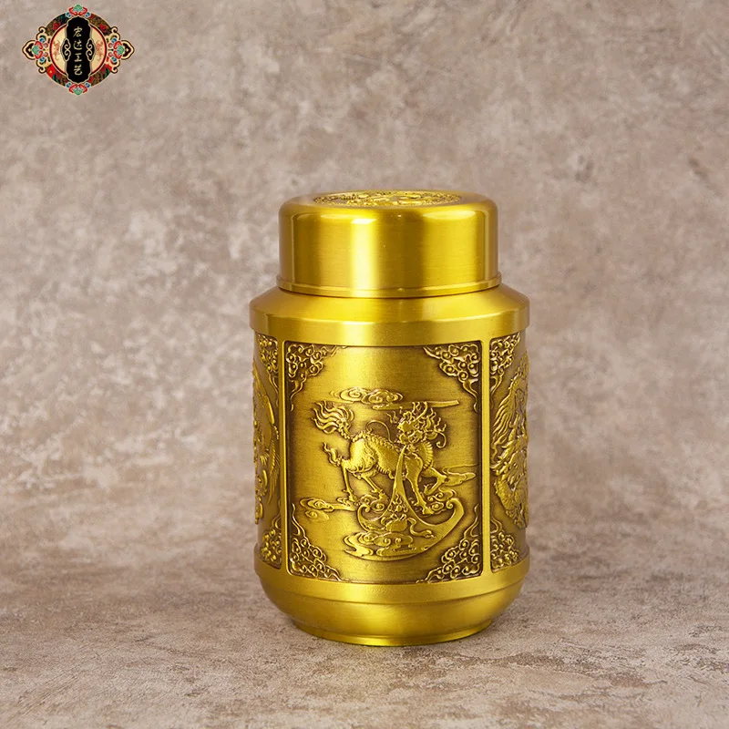 All-brass auspicious four treasures , storage container, dragon and phoenix tea canister, copper ornament