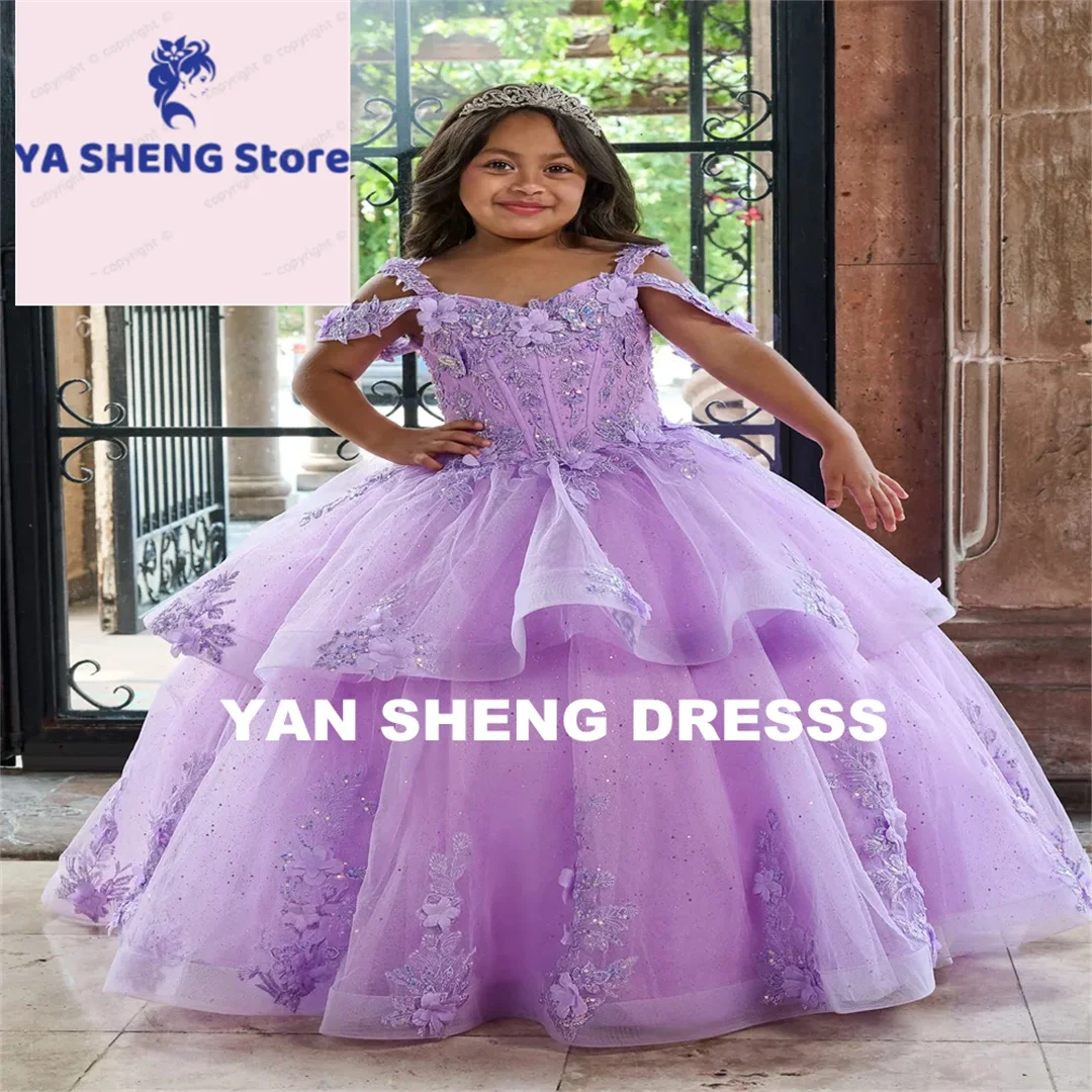 Customized Flower Girl Dress Layered 3D Floral Off-the-Shoulder First Communion Birthday Prom Bridesmaids Custom