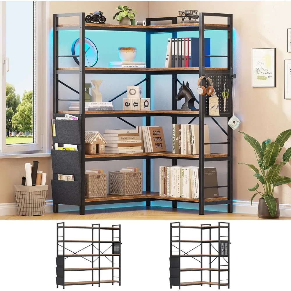 

5 Tier Corner Bookshelf, Modern Corner Bookcase, Convertible Bookshelf with Storage Bag, Pegboard & LED Light, Tall Bookshelves