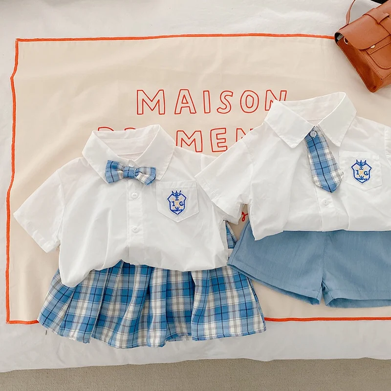 

Children Plaid Suit 0-6 Years Old Summer Boys Girls Simple Short-sleeved Shirt Shorts Skirt Two-piece