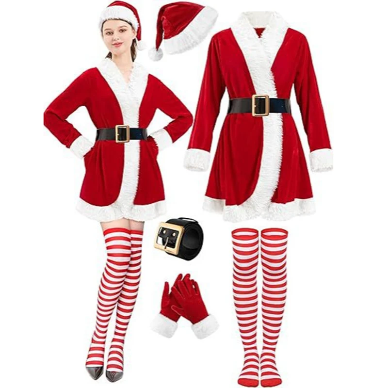 

Lady Red Velvet Fur Trim Christmas Cosplay Costume Trench Coat Dress+Hat+Belt+Gloves+Socks Full Set Of Female Santa Claus Outfit