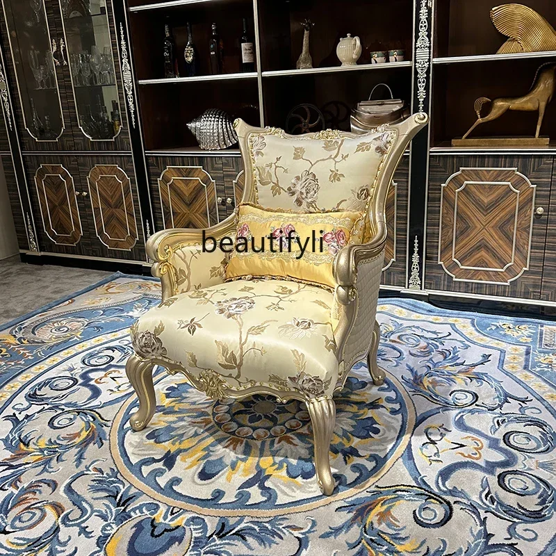 ss8350 French solid wood carving flower leisure chair European luxury fabric sofa chair balcony chair furniture