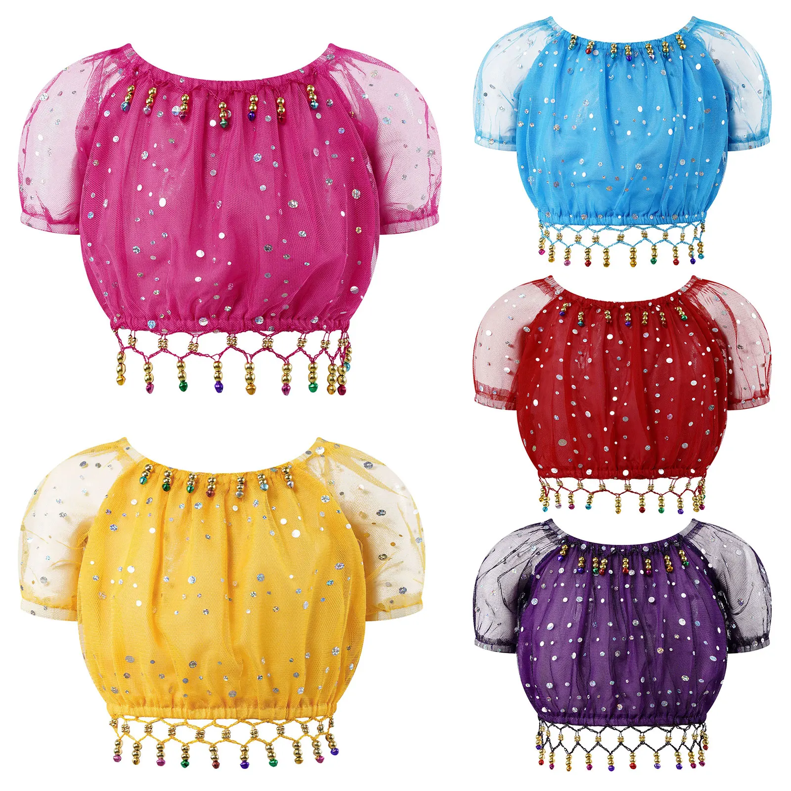 

Kids Girls Belly Dance Costume Short Sleeve Shiny Sequins Mesh Bells Beads Tassel Dancing Tops Folk Dance Bellydance T-shirts