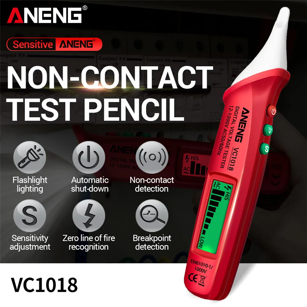 VC1019 Red Laser Test Pen Voice Broadcast Detector 12-1000V Volt Current Non-Contact Pen Electric Teste Meter Tool