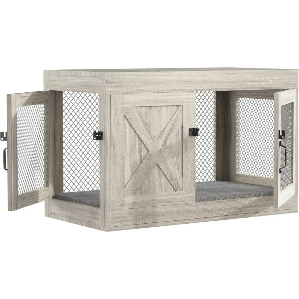 Corner Dog Crate Furniture with Double Doors, Wooden Dog Kennel End Table Indoor with Mesh, Cage/House