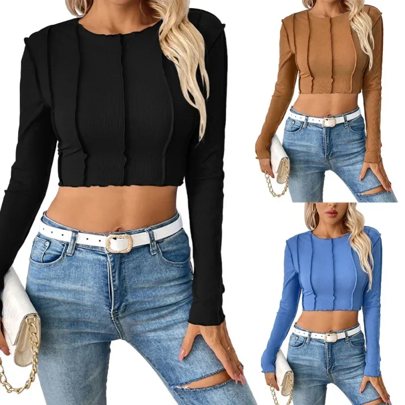 Women Fall and Winter Slim Short T-shirt Exposed Navel Stitching Exposed Long-sleeved Tops