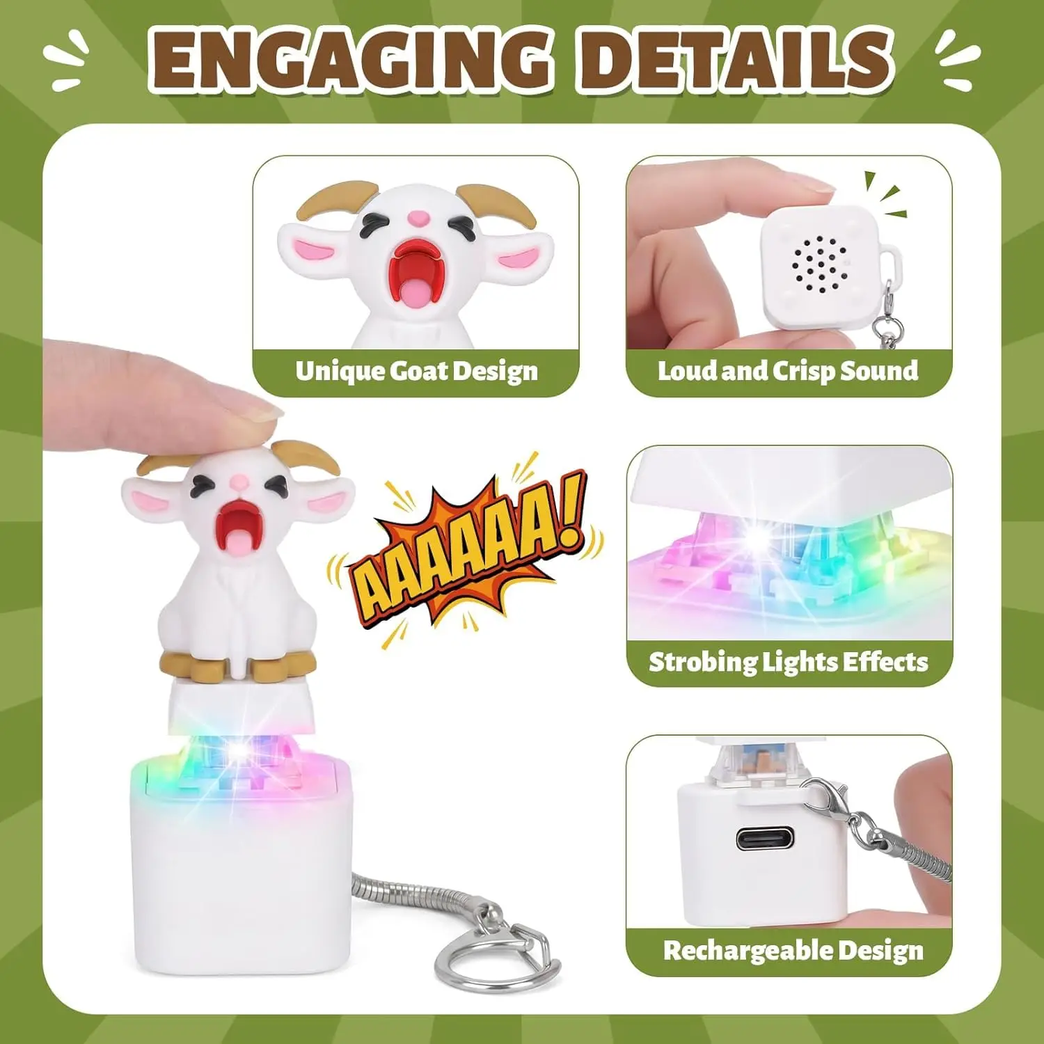 Squeaking Goat Keyboard Fidget Toy, Rechargeable Finger Clicker Keyboard Keychain with Goat Scream Sound and LED Light,ASMR Toy