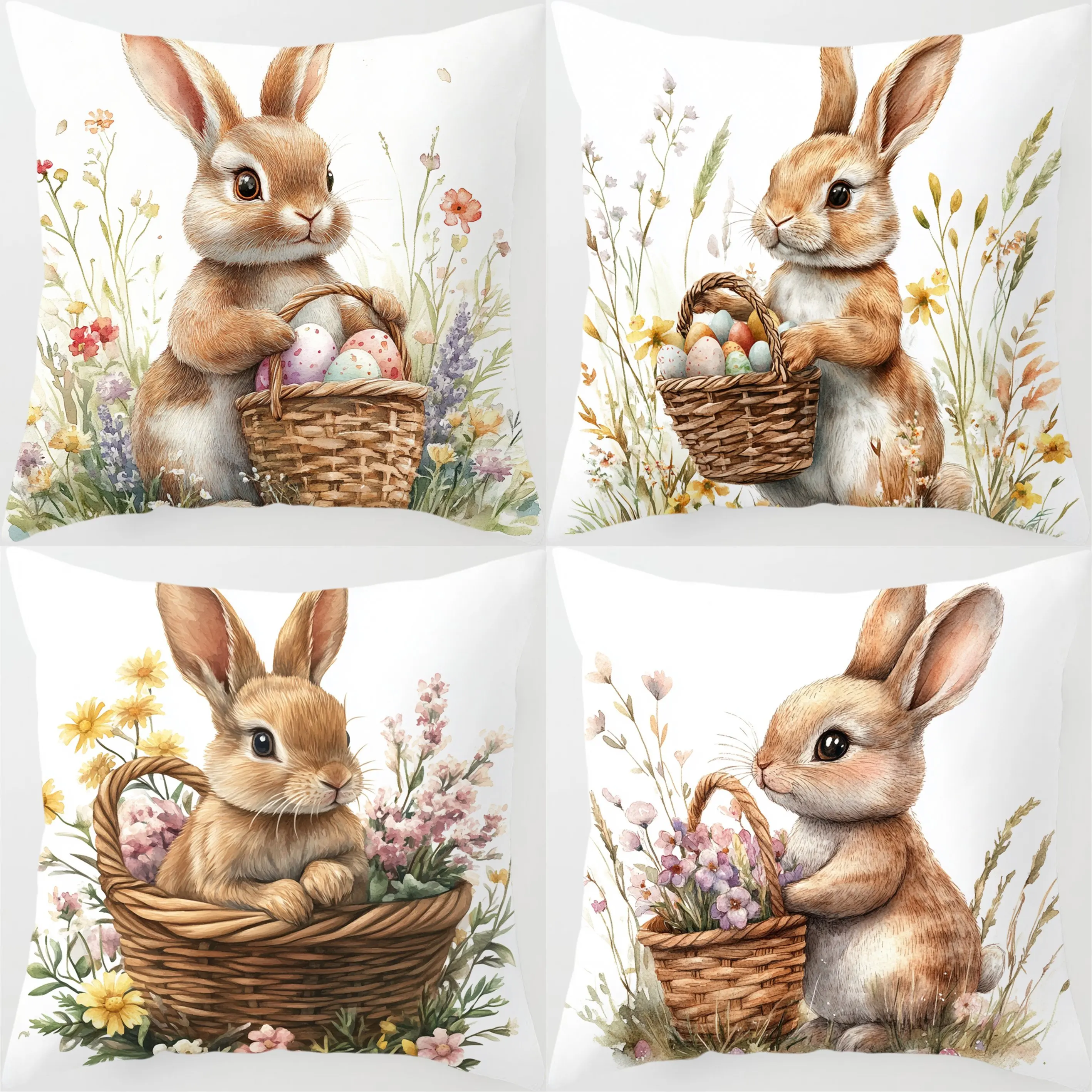 Pastel Easter Bunny Pillow Cover, Cute Rabbit Basket Print Cushion Case, Holiday Home Decor for Party & Gift