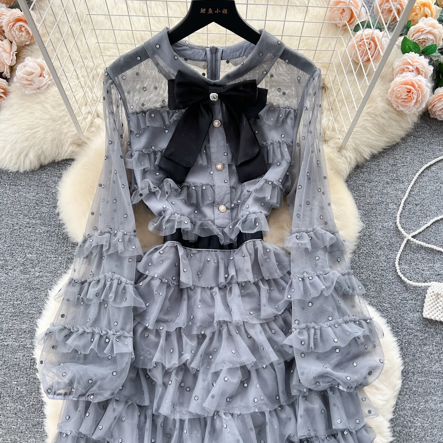 French Vintage Gauze Rhinestone O-neck Patchwork Folds Bow Puff Sleeves Long Sleeves Dress Casual Women Fashion Autumn Dress