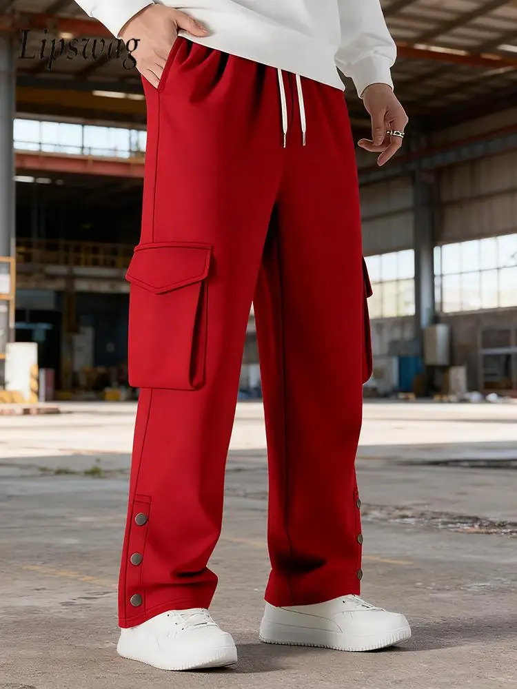 

Модные свободные прямые брюки-карго для мужчин, осенние винтажные однотонные брюки на шнурке, мужские брюки для отдыха с несколькими карманами