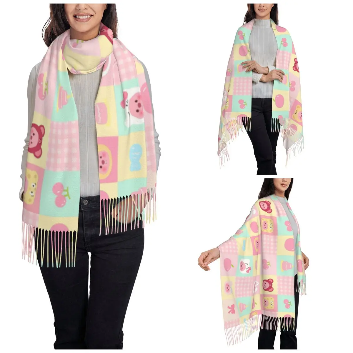 Womens Scarf with Tassel Zanmang Loopy Check Cartoon Large Winter Fall Shawl and Wrap Cute Kawaii Gifts Pashmina Scarves