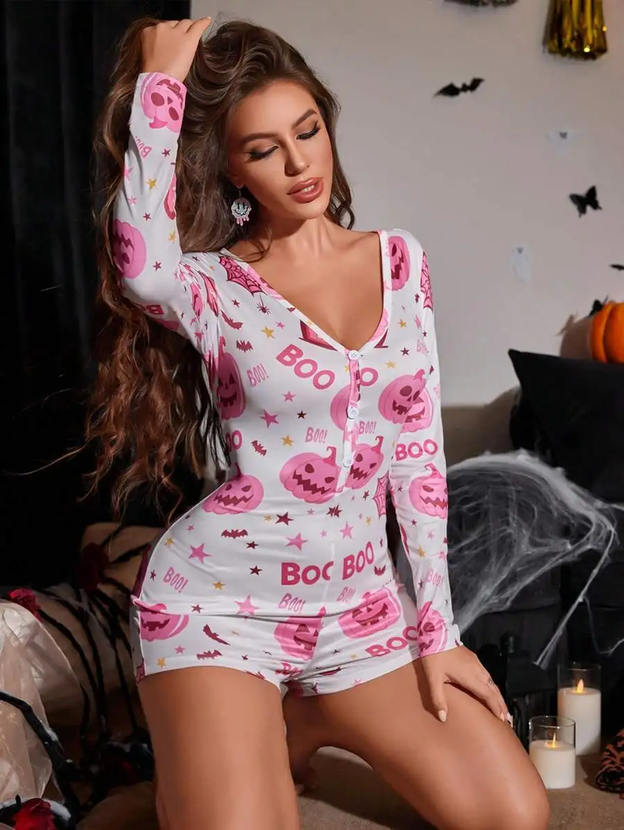 

Женский комбинезон на Хэллоуин, пижама с длинным рукавом и пуговицами спереди, облегающий комбинезон с принтом тыквы, шорты, одежда для сна