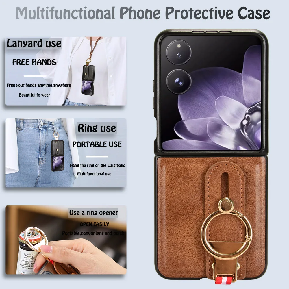 

Luxury Wristband Leather Stand Case for Xiaomi Mix Flip 5G Cover With Ring Opener