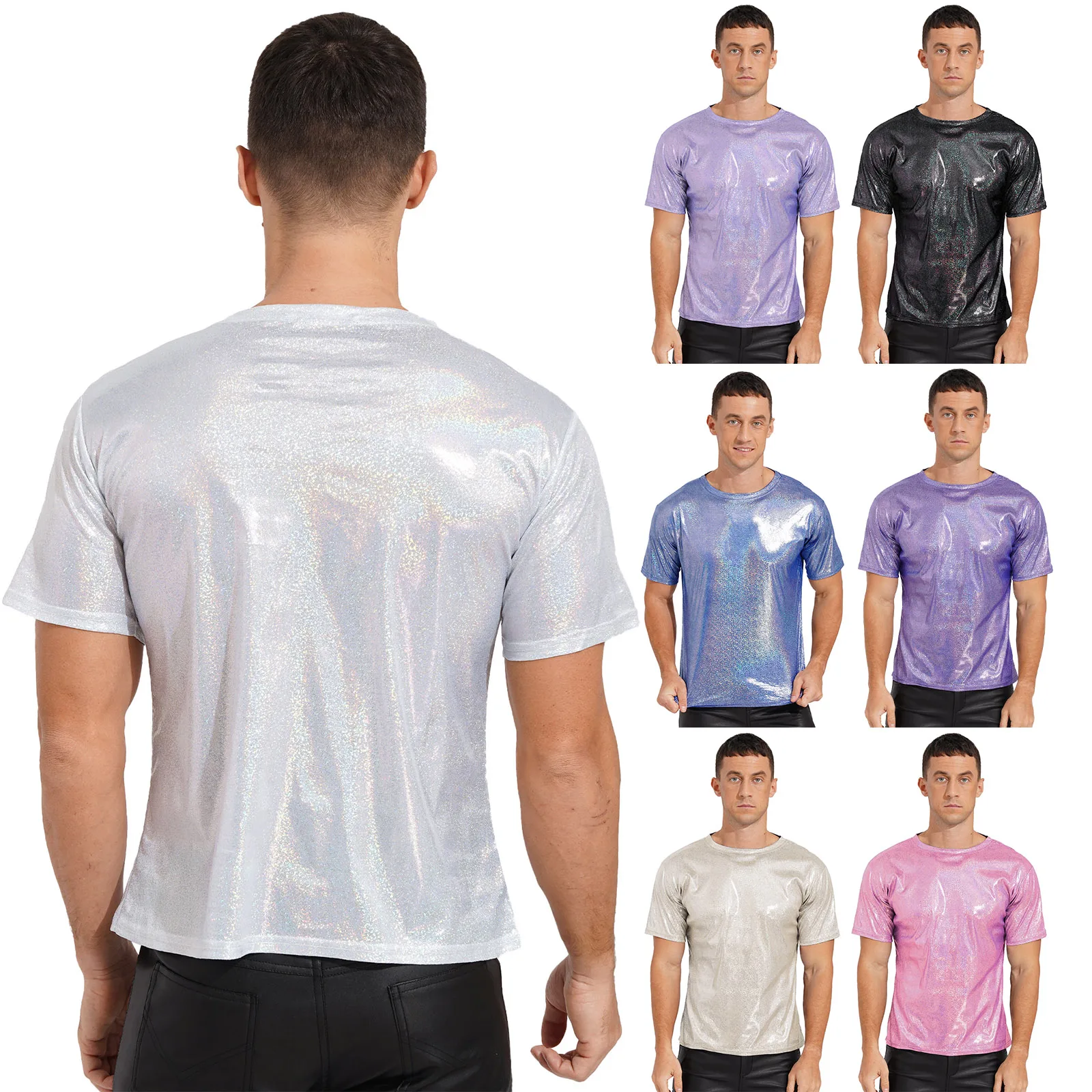 Men T Shirt O-neck Shiny Short Sleeve Party Clubwear Camisetas Fitness 2023 Streetwear Stretch Fashion Casual Men Clothing