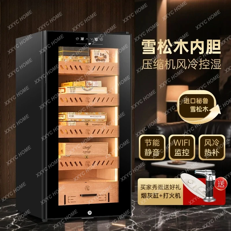 

Шкаф для сигар с постоянным контролем температуры, влагостойким сосновым покрытием и компрессорным охлаждением.