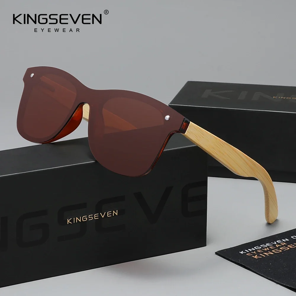 KINGSEVEN Vintage Bambus-Sonnenbrille mit Holzrahmen, polarisierte UV400-Brille für Herren und Damen, für Outdoor-Fahrten, lässige randlose Brille