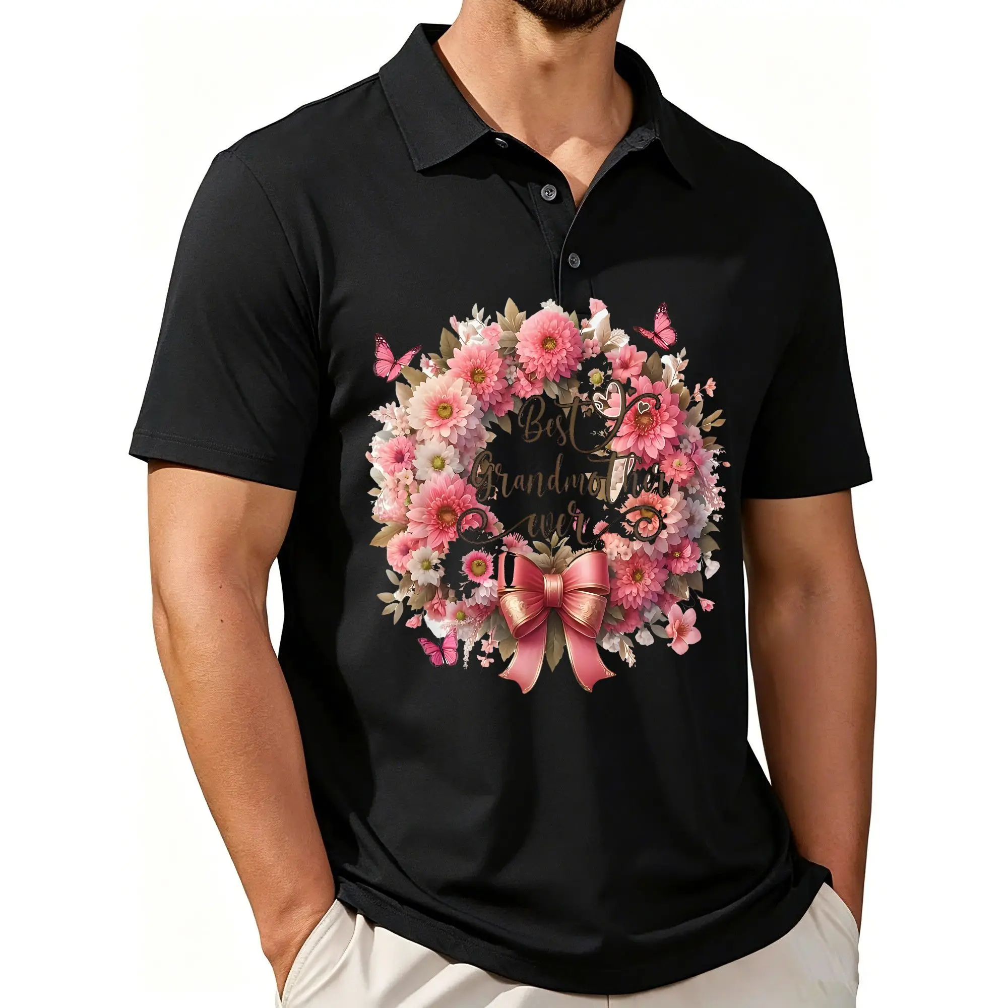 Men's Printed Short-Sleeve Polo Shirt with Stunning Floral Wreath and Butterfly Design for Mother's Day, Featuring a Stylish and Casual Fit, Breathable Fabric, and Suitable for All Seasons.