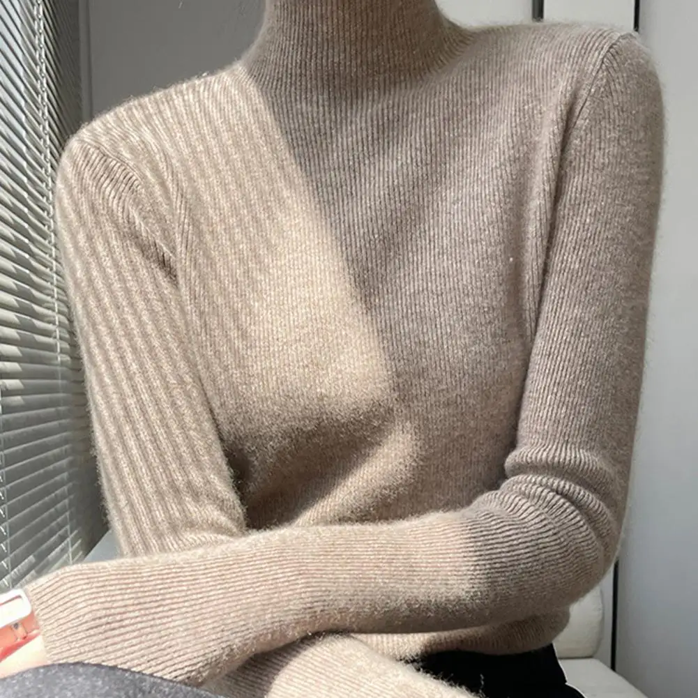 

Soft Stretchy Top Women's Ribbed Trim Knit Sweater Slim Fit Half High Collar Top for Daily Wear Comfortable Viscose Top