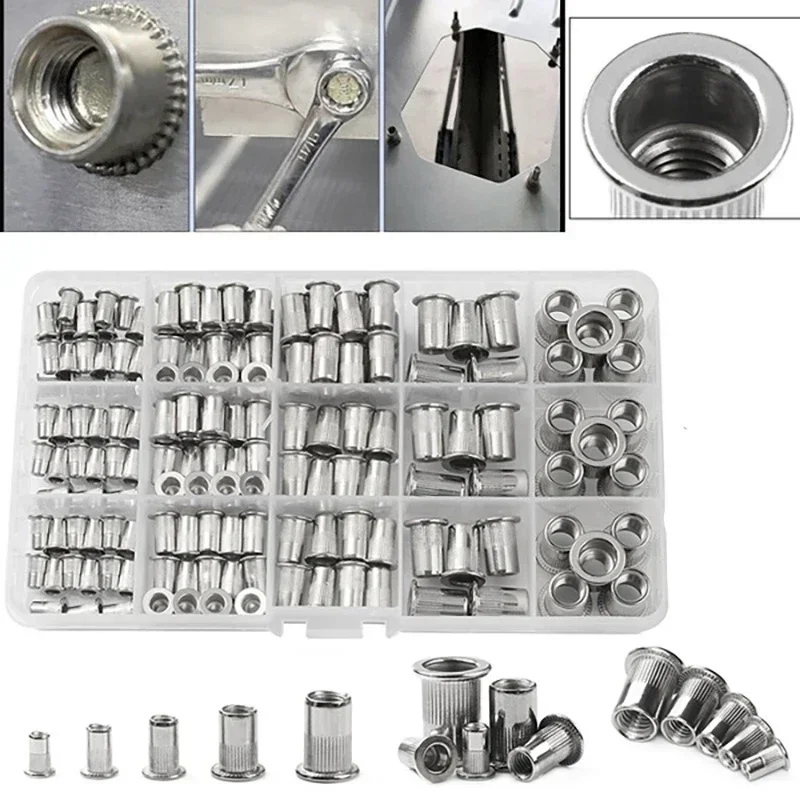 145Pcs M3/M4/M5/M6/M8/M10/M12 리벳 너트 알루미늄 합금 헤비 듀티 스레드 인서트 너트 너트 리벳 리베터 리벳팅 너트 도구