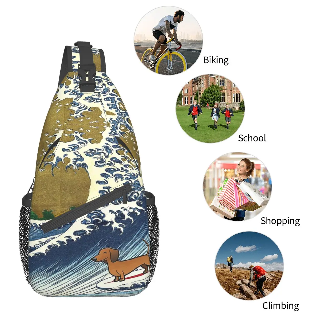 Dachshund Weiner Dog Surfing Small Sling Bag Chest Crossbody Shoulder Sling Backpack Hiking Travel Daypacks Sausage Doxie Bag