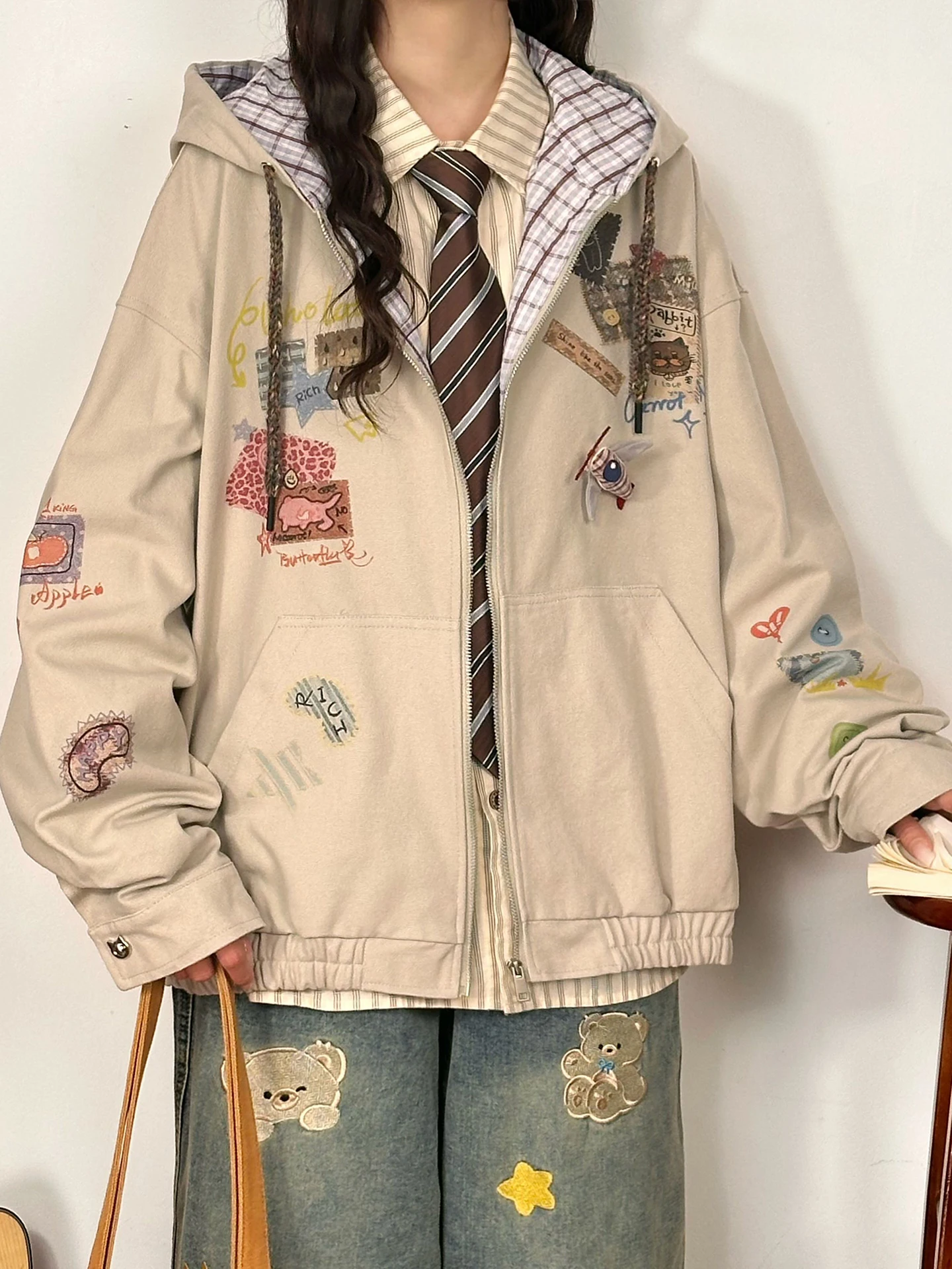 Street Style Plaid Patchwork Hooded Jacket Women's Casual Spring Autumn Cotton Long Sleeve Zipper Closure Matching Any Bottoms