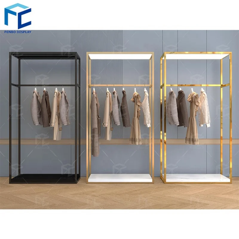 2025customized.Custom Stainless Steel Cloth Display Stands Women Clothes Display Racks With LED Light