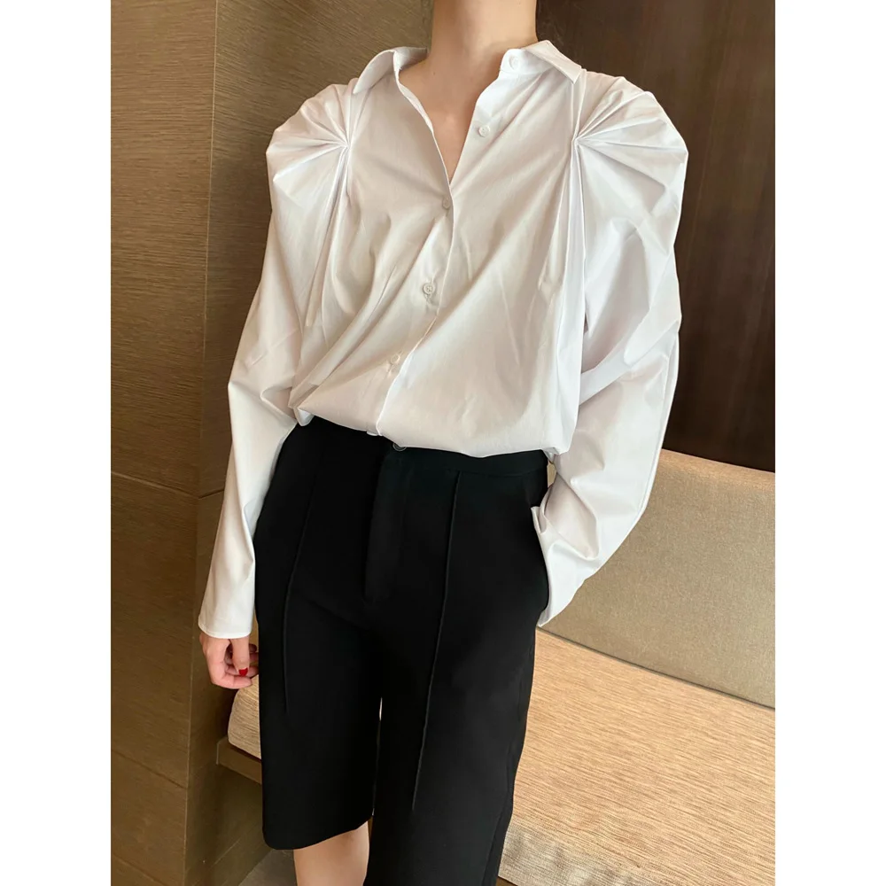 

2025 Early Autumn Shoulder Pleated Collar Long Sleeve Top