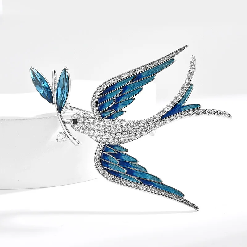 Korean Style High-End Enamel Dripping Swallow Branch Brooch Creative Rhinestone Bird Pin Versatile Fashion Ornament