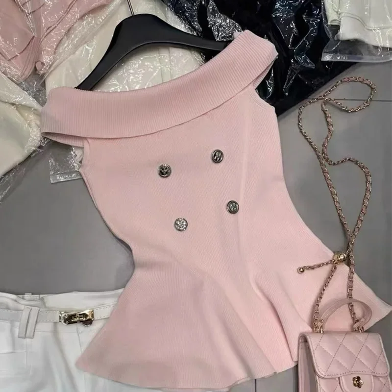 Ropa de mujer con un solo hombro, volantes lisos, camisetas sin mangas ajustadas y elásticas, moda Kroean de verano, camisola con botones lisos y dulces