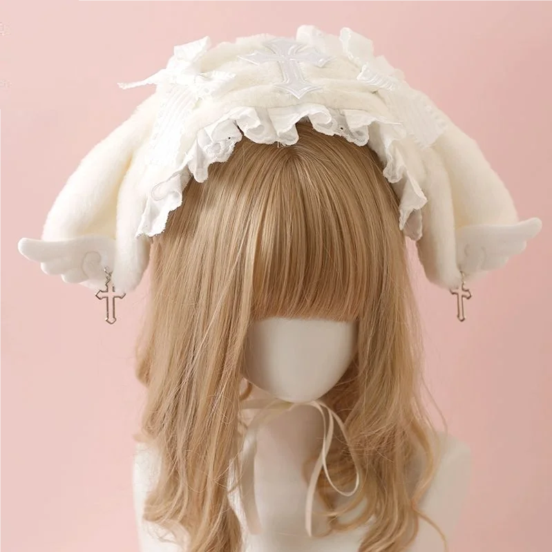 Rabbit ear hairband cute plush angel wings headpiece Lolita headpiece view 2