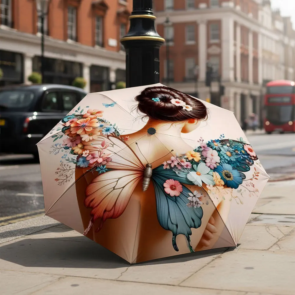 1P C Butterfly and Flowers Art Umbrella with Elegant Design Print 8 Iron Ribs Folding Umbrella Auto-Open Fashion Sunshade