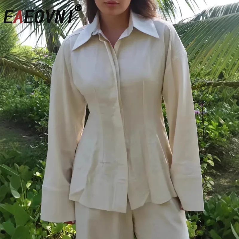 

EAEOVNI Casual Solid Color Women's Blouse Lapel Collar Gathered Waist Design Slim Versatile Shirt Fashion 2026 New Clothing