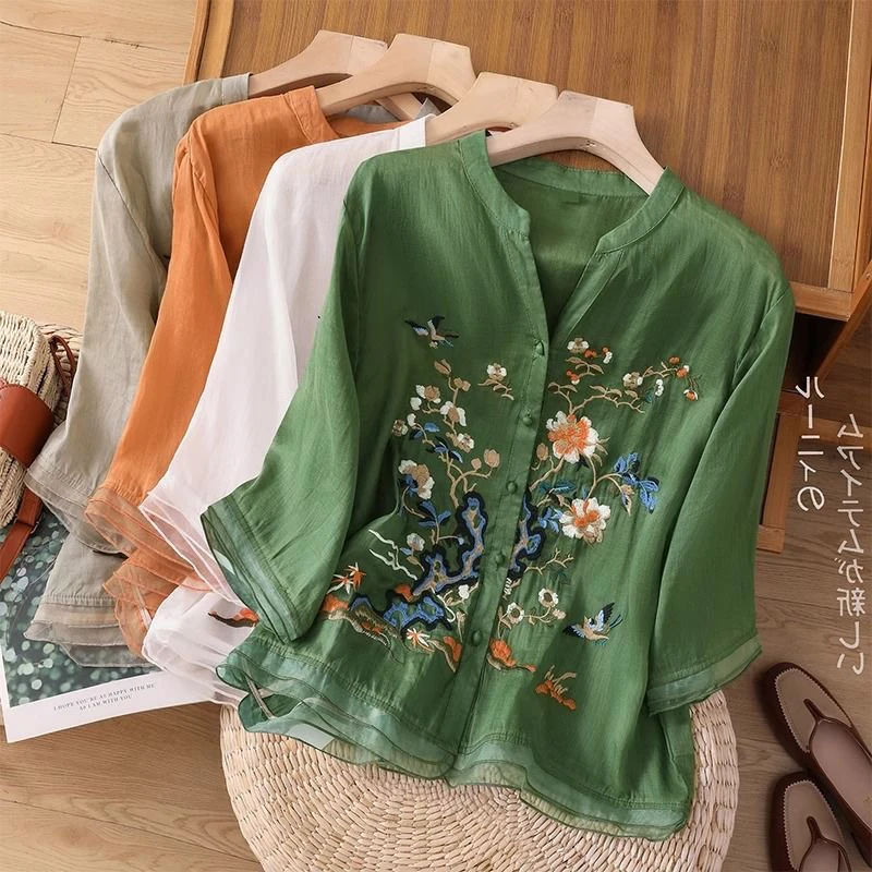 Large Size Mom Embroidered irt Women's Spring New Cotton Linen irt High End f Sve Seven Sve Women's Top